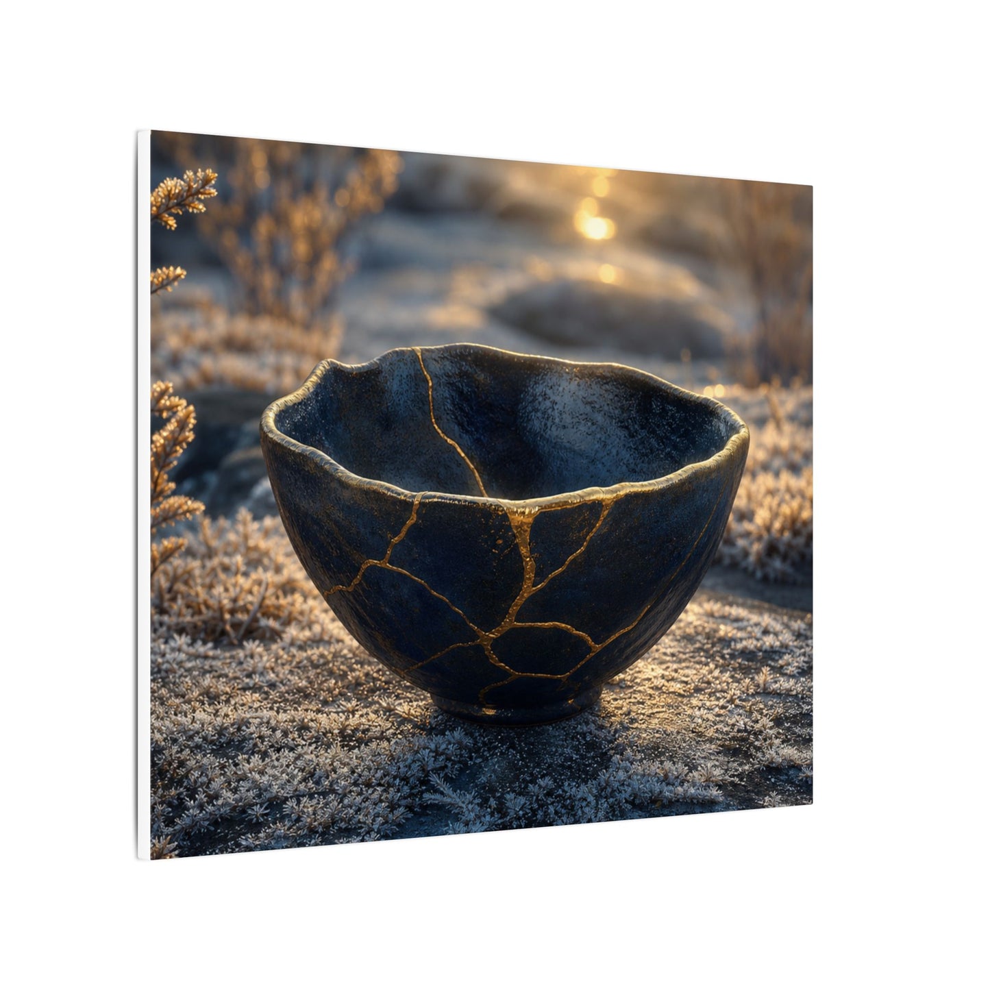 Ceramic Bowl Canvas Art | Winter Kintsugi Gold Repair Art