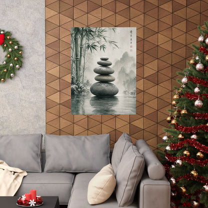 River Stones Sumi E Wall Art Print | Tranquil Zen Art