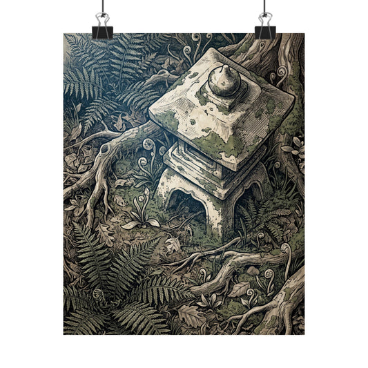 Stone Lantern Wall Art Print | Spring Cottagecore Vintage Botanical Art Art Print