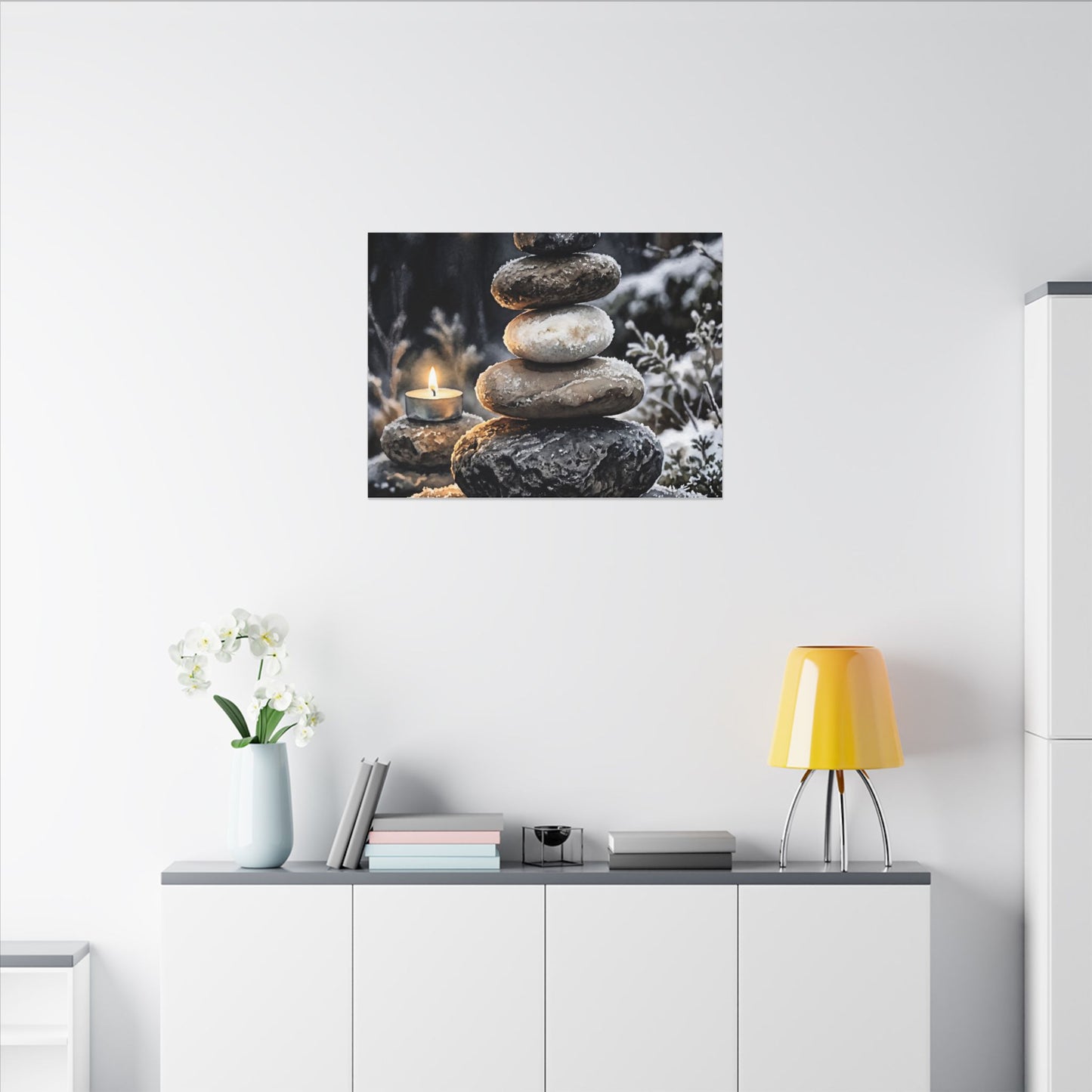 River Stones Canvas Art | Winter Japandi Watercolor Art
