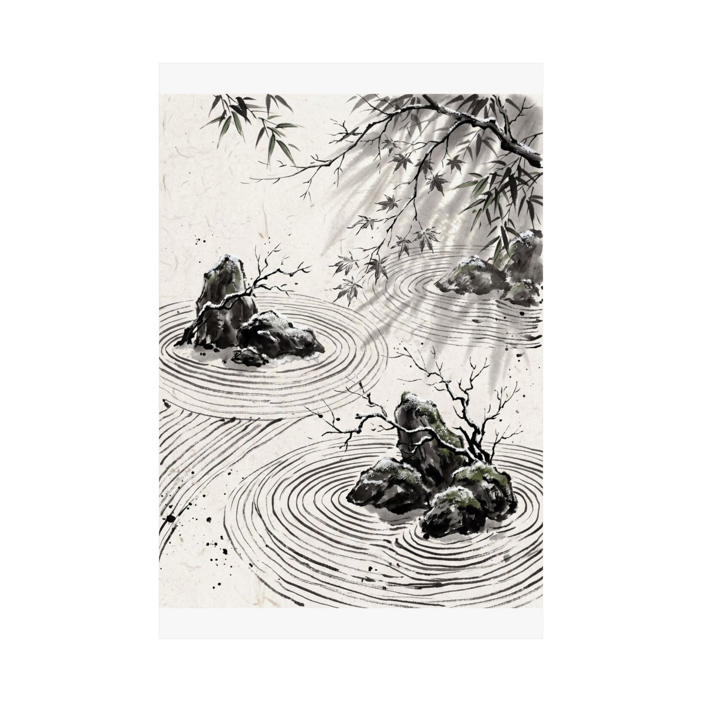Winter Rock Garden Sumi E Wall Art Print | Serene Decor