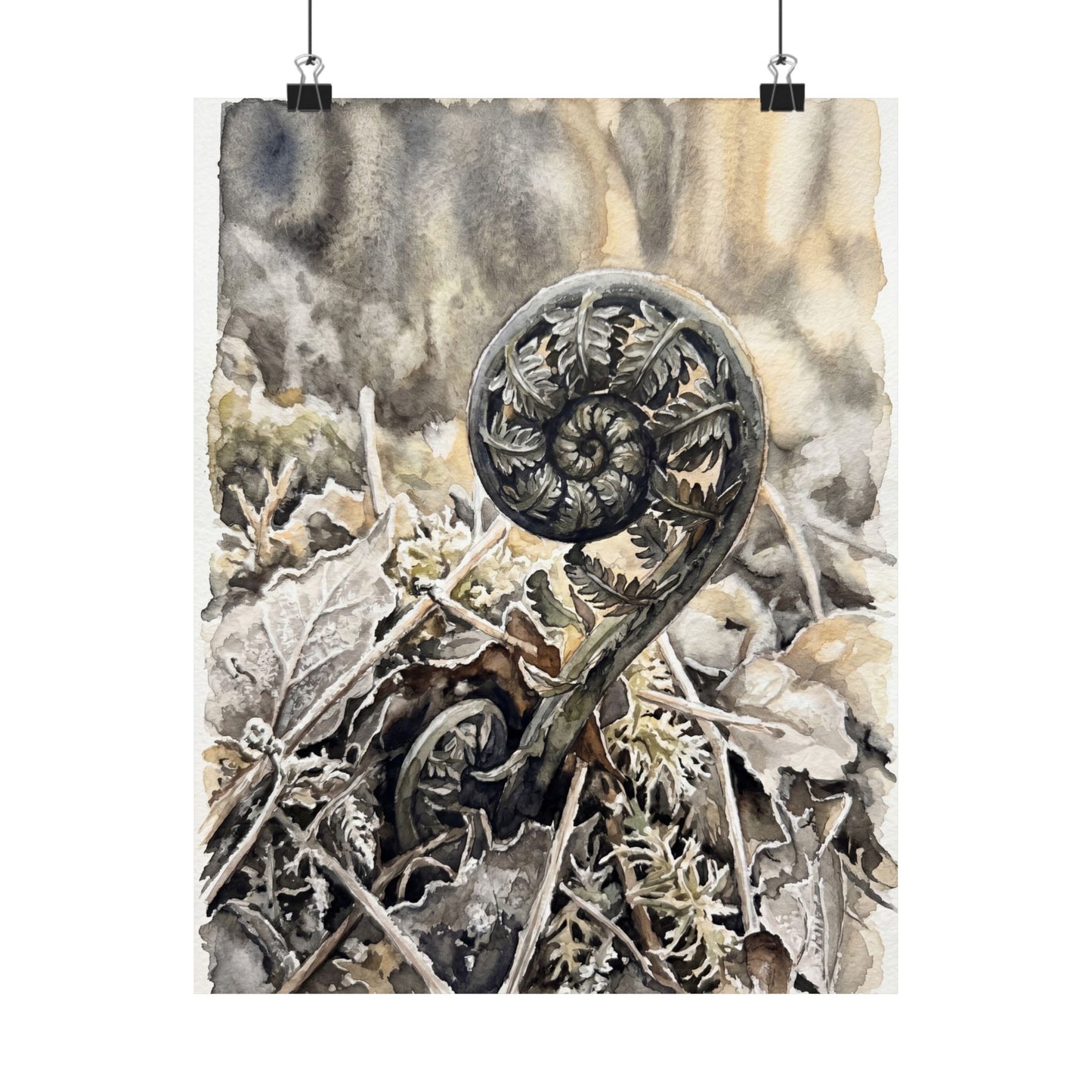 Japandi Fern Unfurling in Golden Hour | Watercolor Wall Art Print