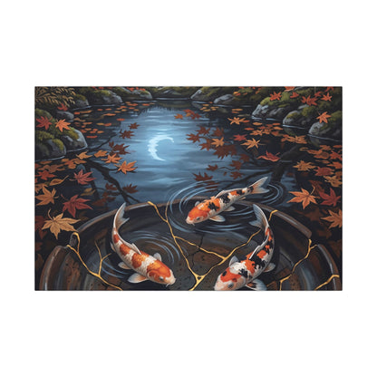 Koi Pond Canvas Art | Autumn Kintsugi Gold Repair Art