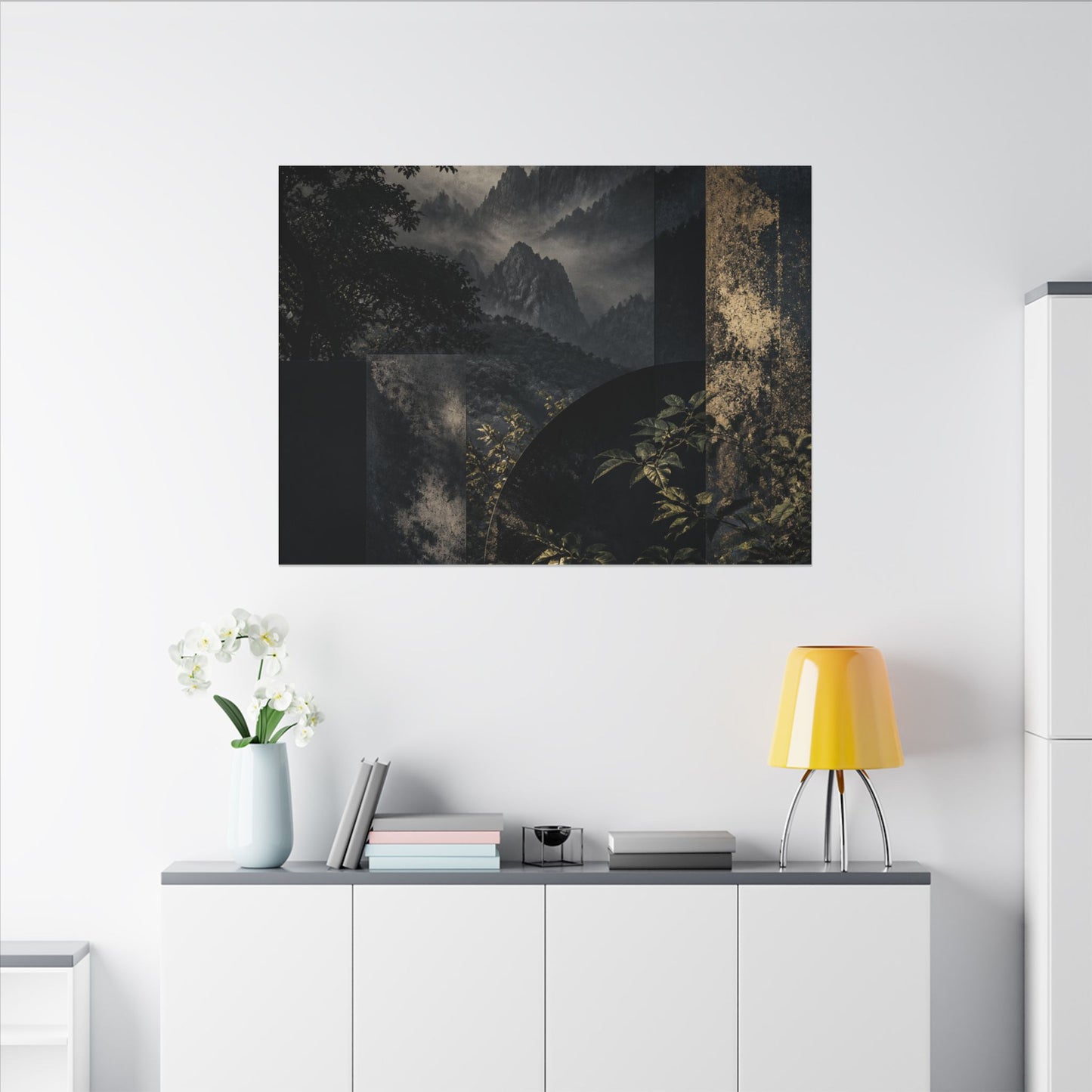 Mountain Mist Summer Canvas Art | Dark Japandi Atmospheric Design