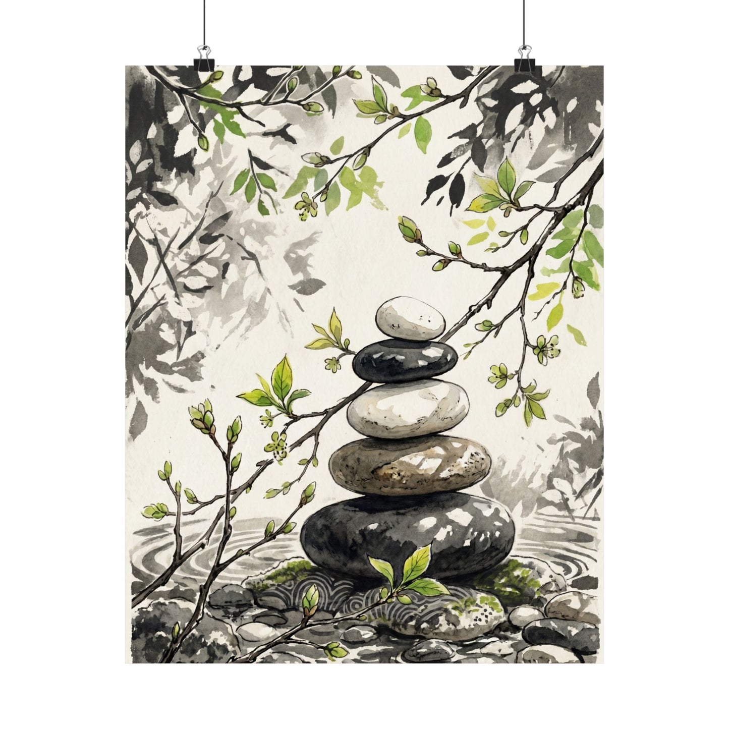 River Stones Spring Wall Art Print | Japandi Warm Design