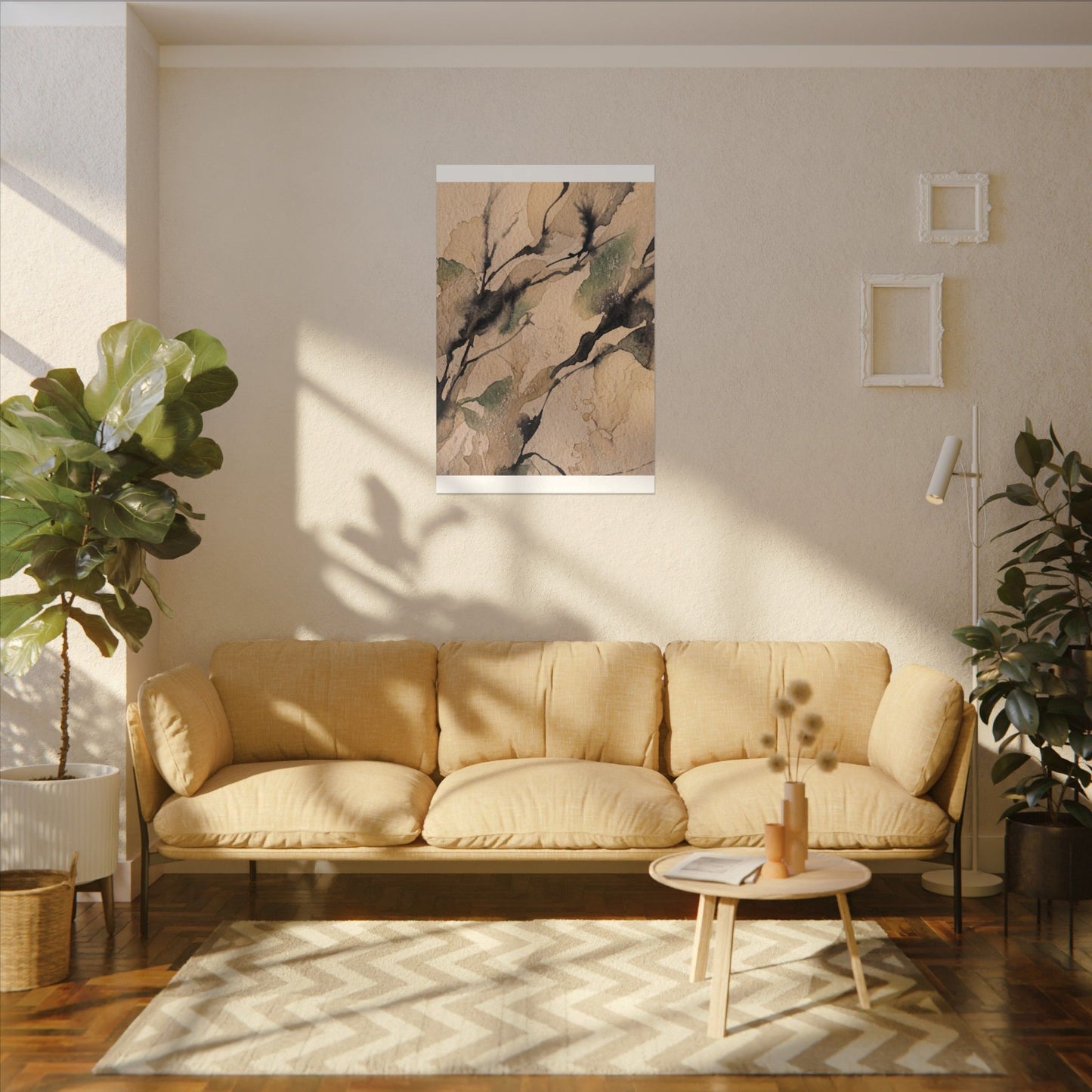 Japandi Shadow Play in Golden Hour | Watercolor Canvas Art