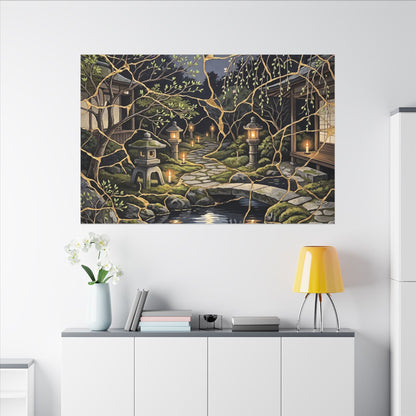Kintsugi Moonlit Garden in Candlelight | Gold Vein Canvas Art