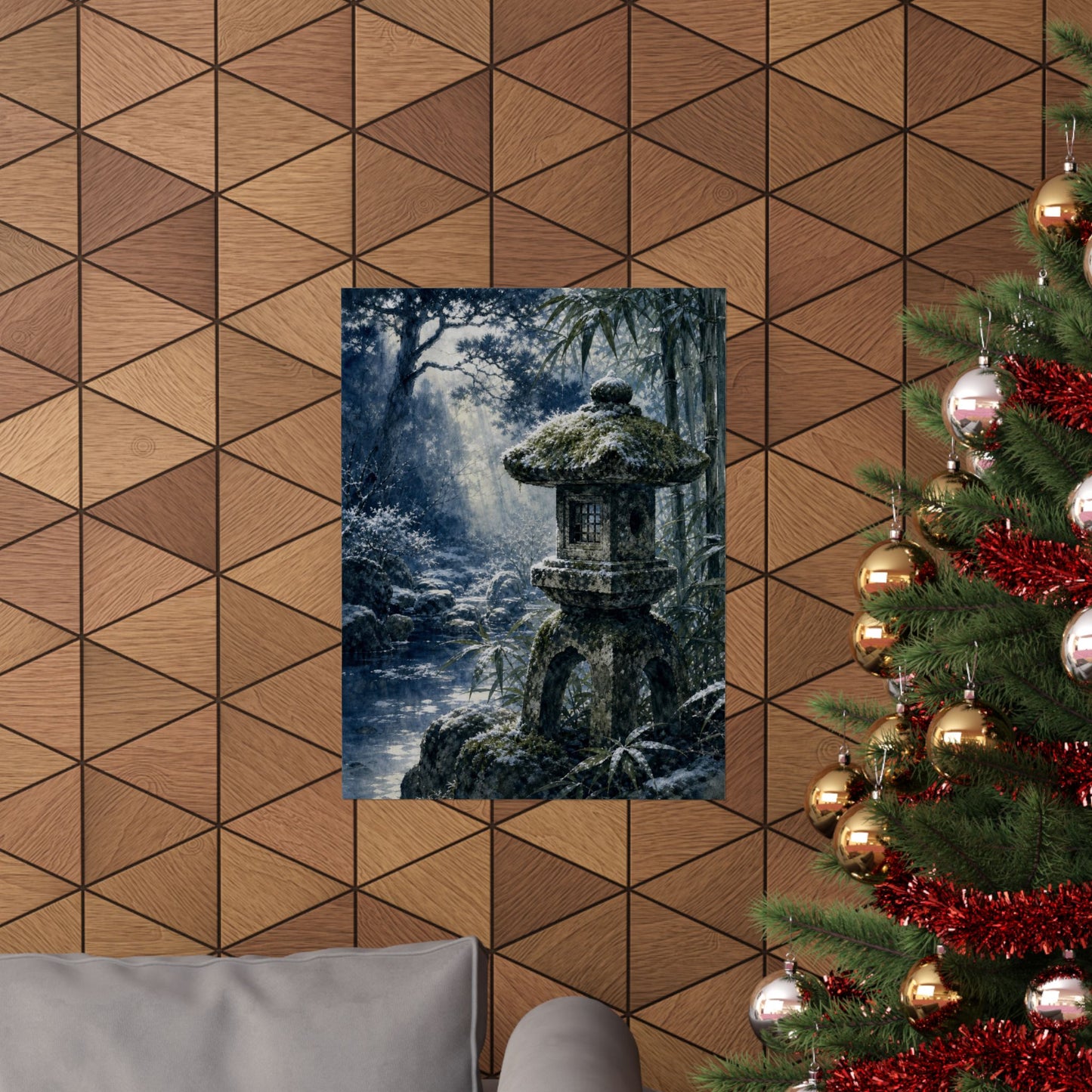 Zen Stone Lantern in Dappled | Sumi E Wall Art Print