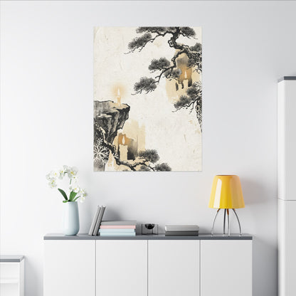 Japandi Pine Tree in Candlelight | Japanese Pattern Canvas Art