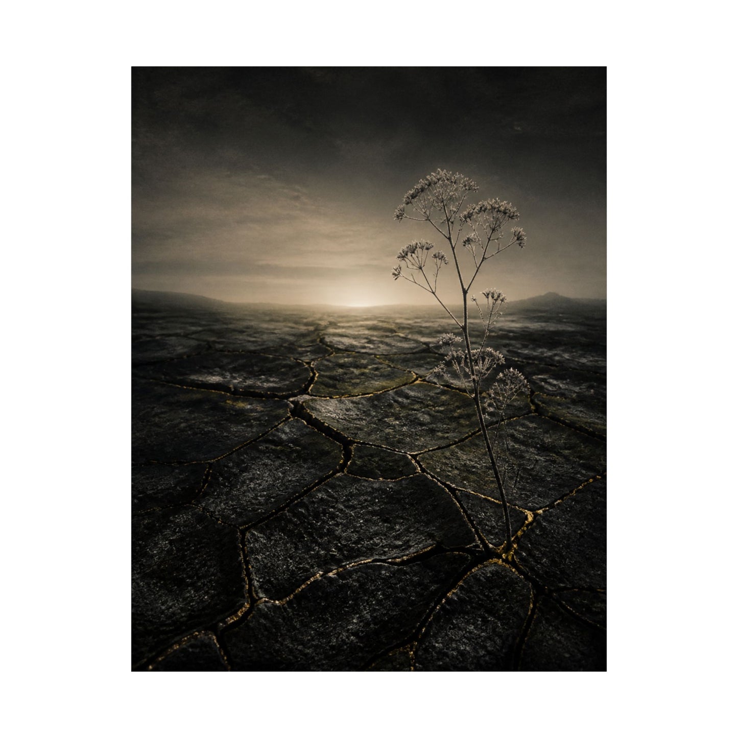Dawn Cracked Earth Wall Art Print - Dark Japandi Mono No Aware