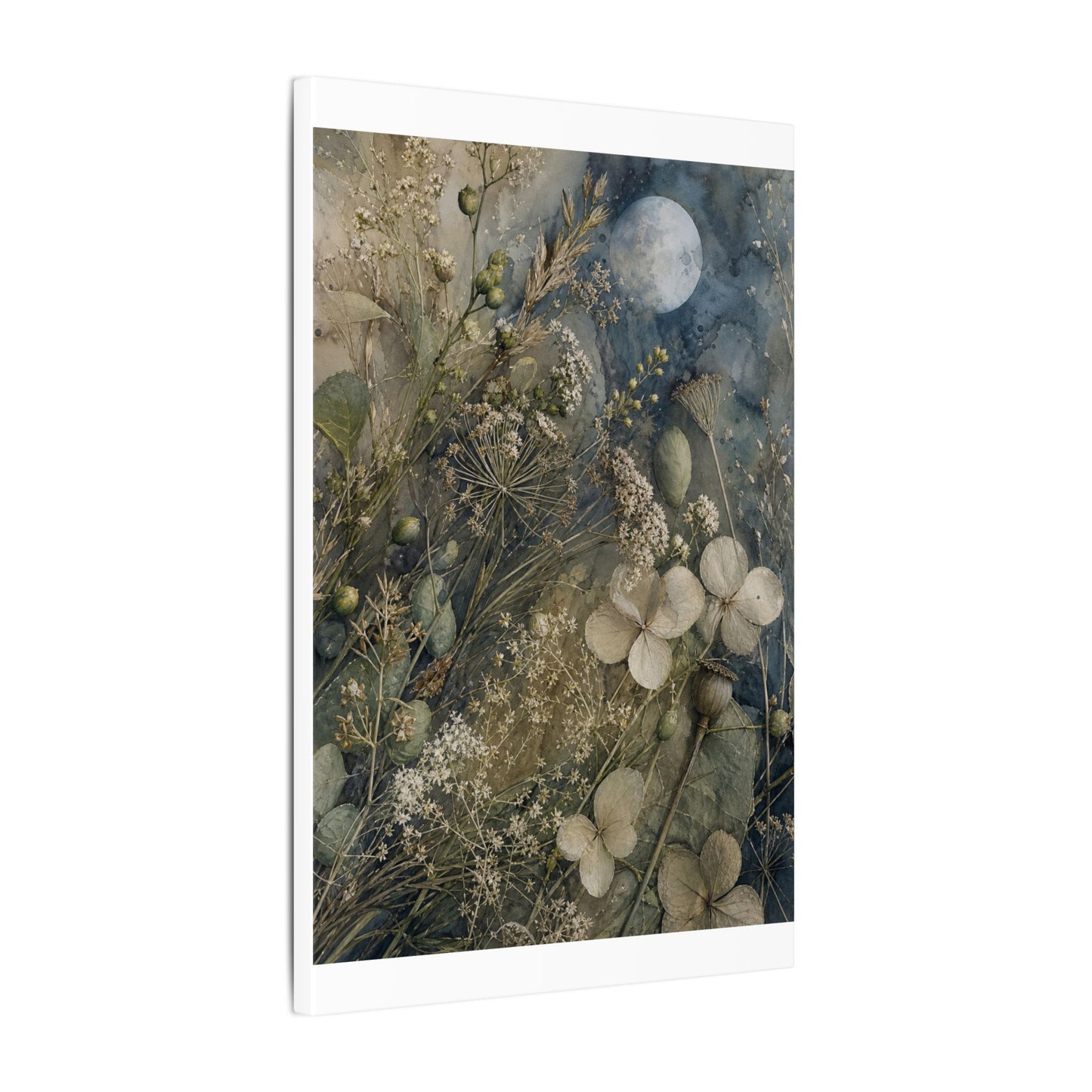 Japandi Dried Flowers in Moonlight | Watercolor Canvas Art