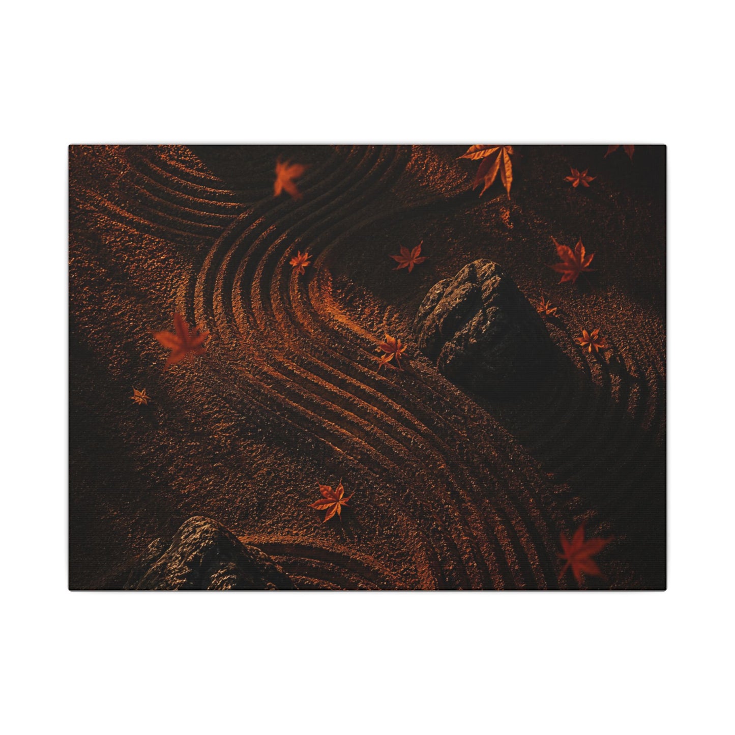 Dark Japandi Rock Garden in Golden Hour | Charcoal Ink Canvas Art