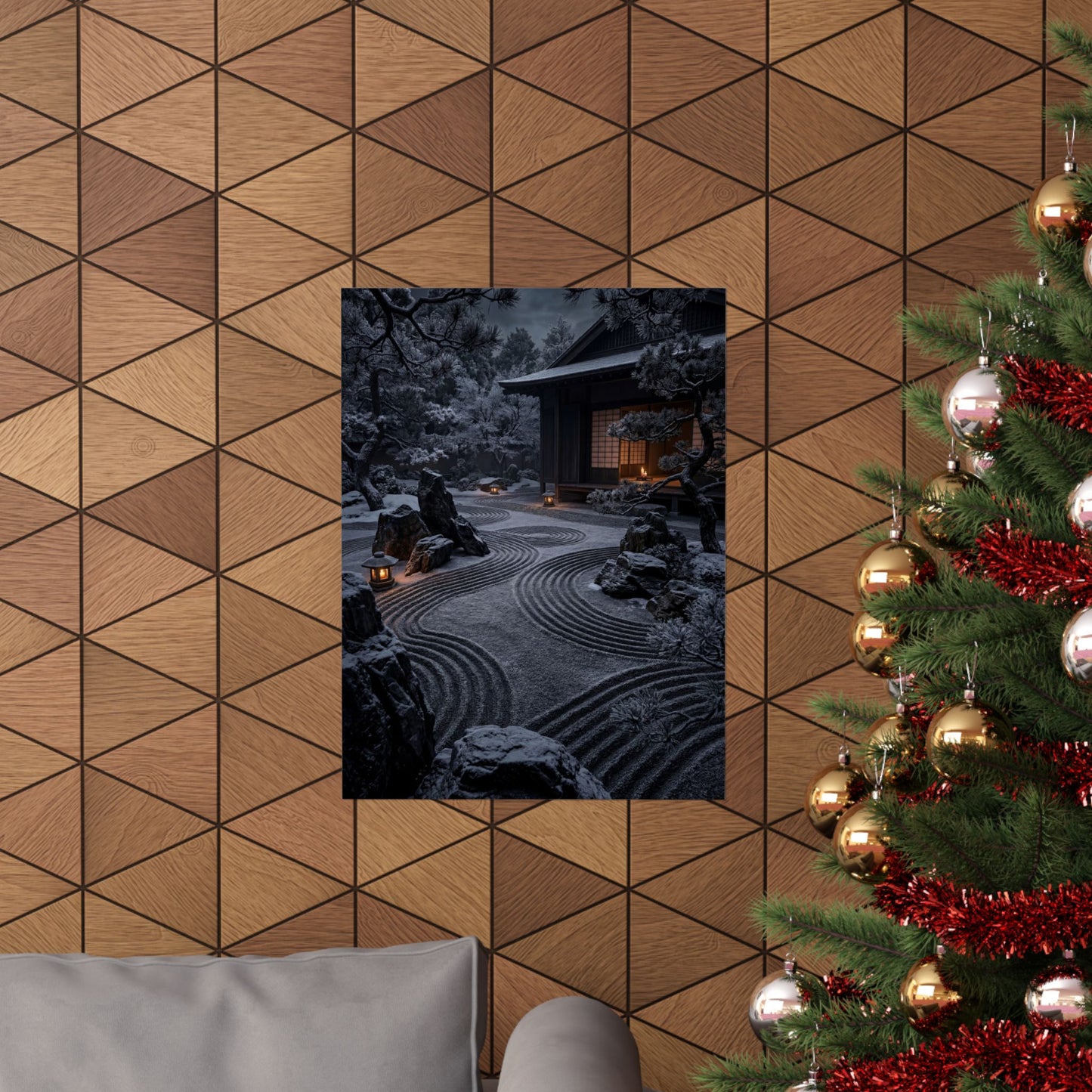Dark Japandi Rock Garden in Candlelight | Shadow Zen Wall Art Print