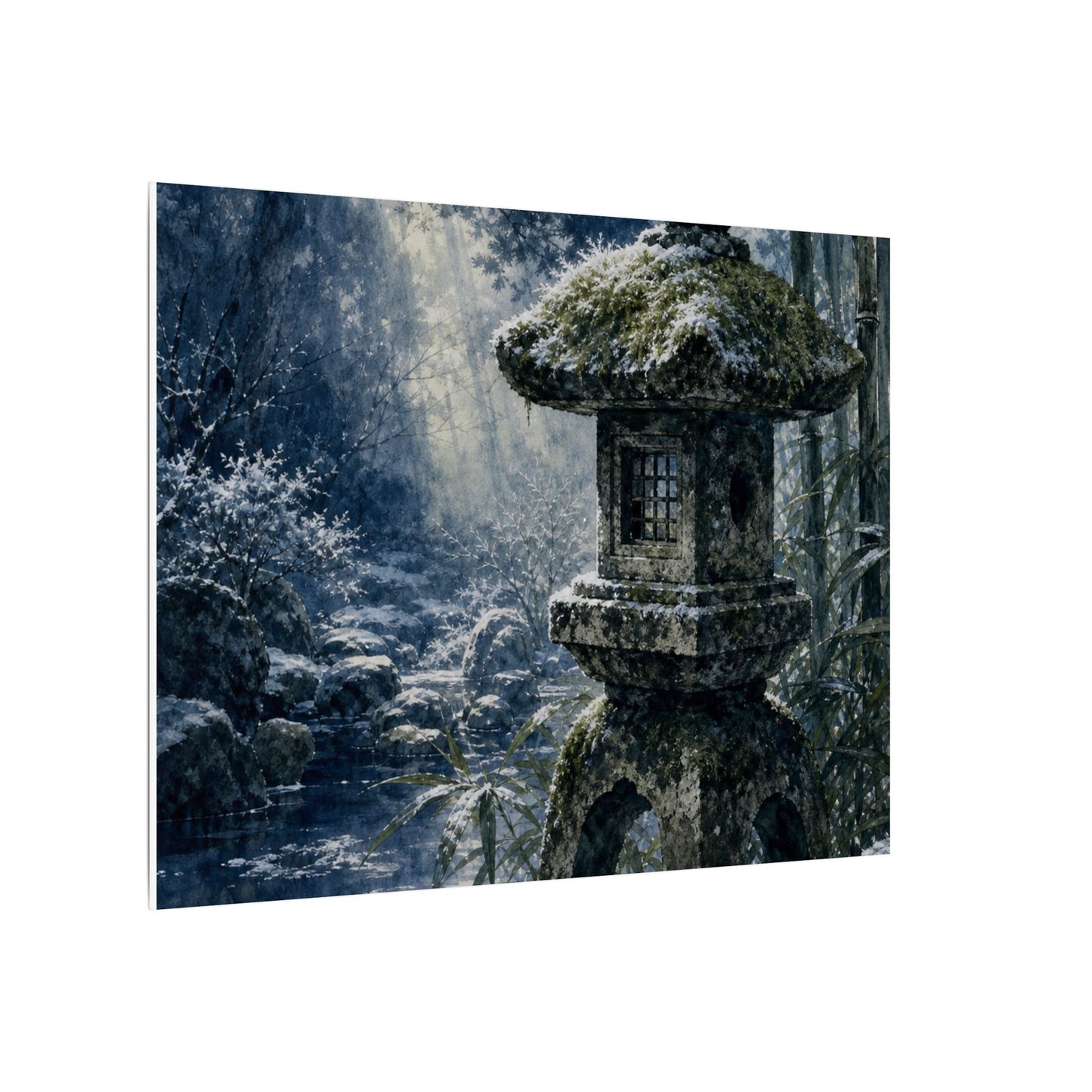 Zen Stone Lantern in Dappled | Sumi E Canvas Art