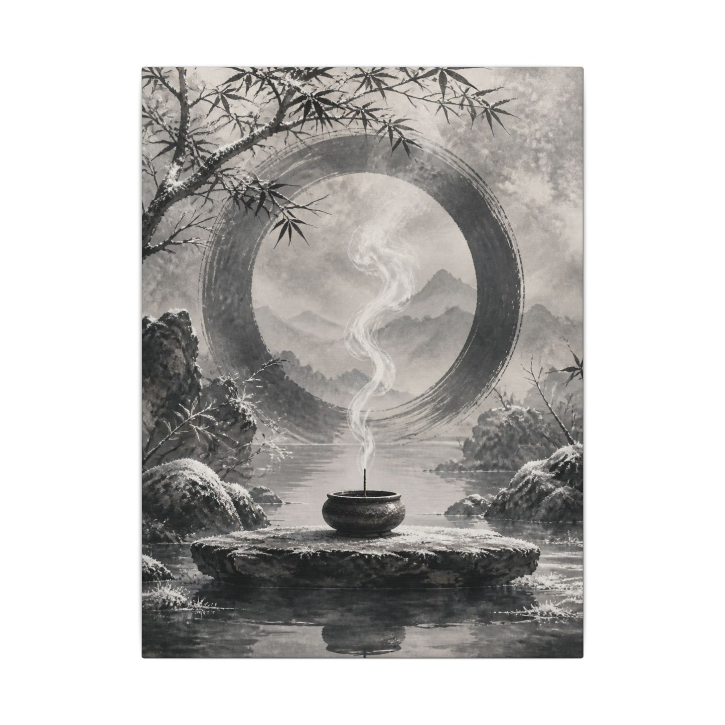Incense Smoke Canvas Art | Winter Zen Sumi E Art