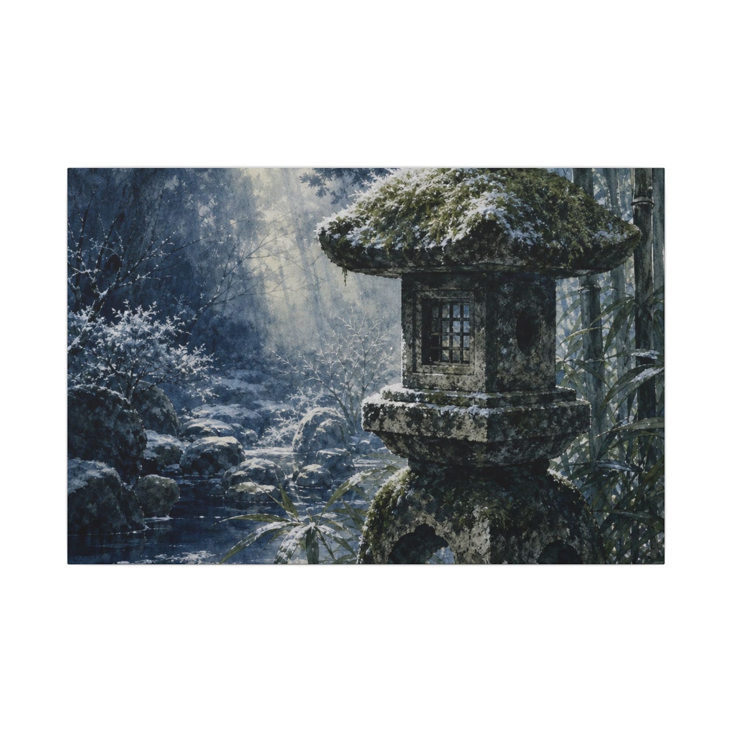 Zen Stone Lantern in Dappled | Sumi E Canvas Art