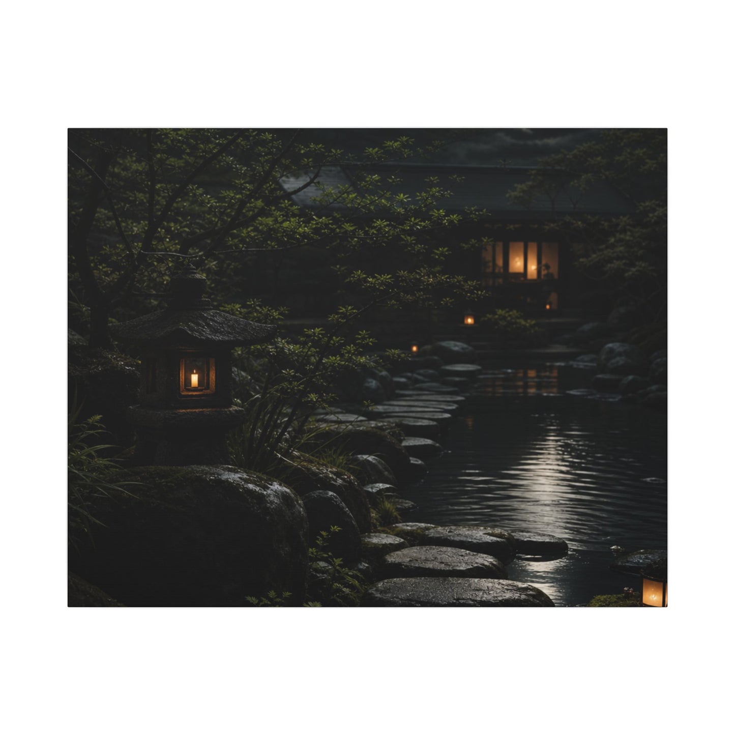 Moonlit Garden Shadow Zen Canvas Art | Sophisticated Dark Japandi Art