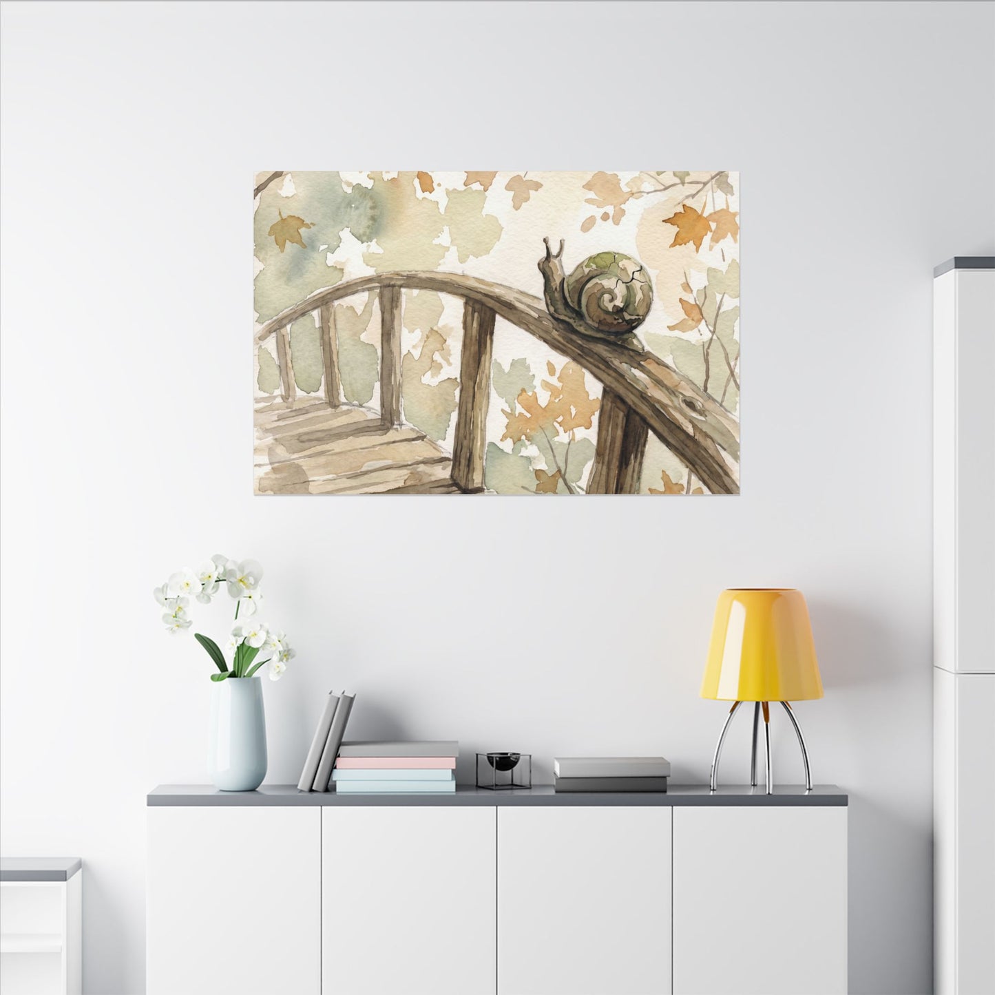 Wooden Bridge Canvas Art | Autumn Japandi Watercolor Art