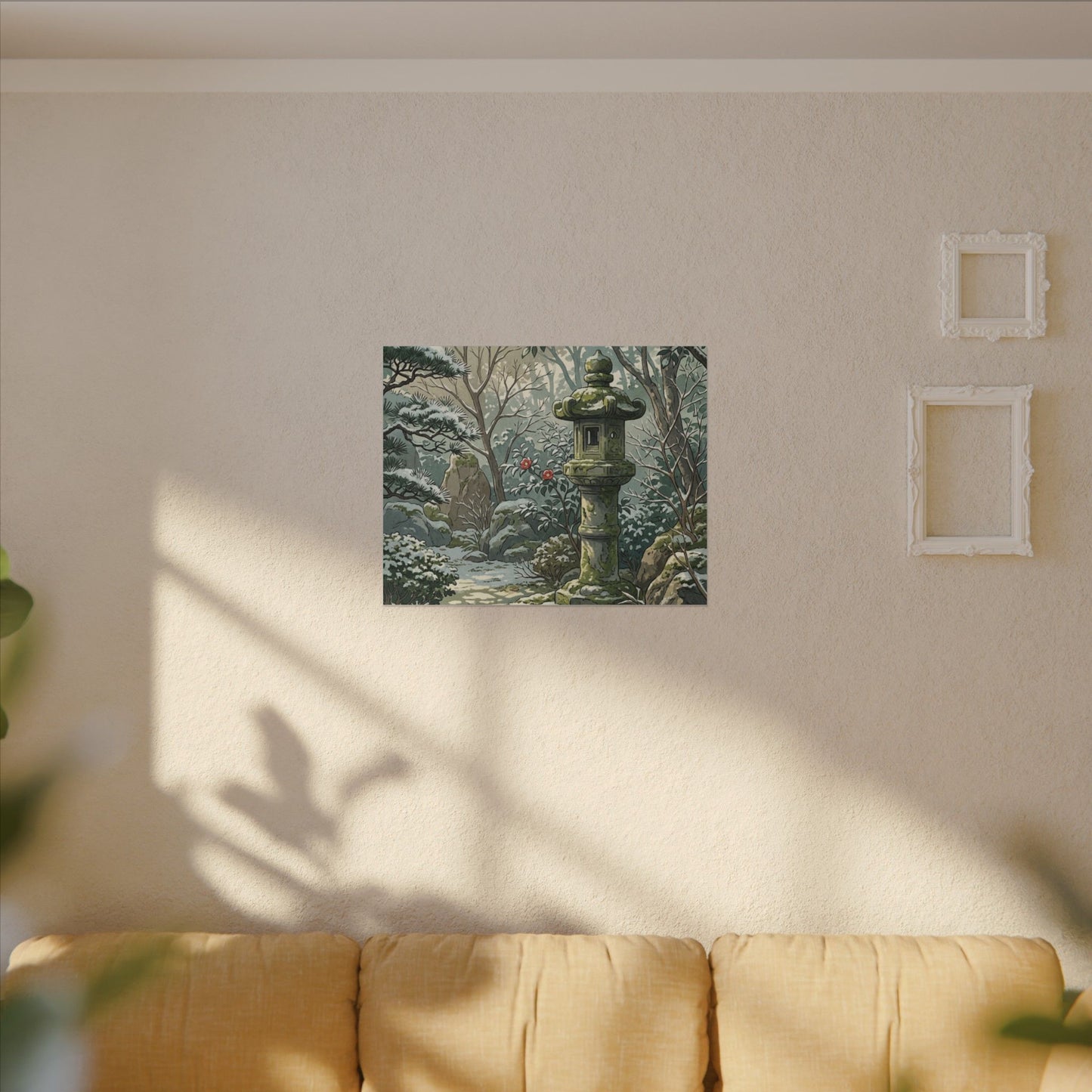 Stone Lantern Winter Canvas Art | Japandi Warm Design