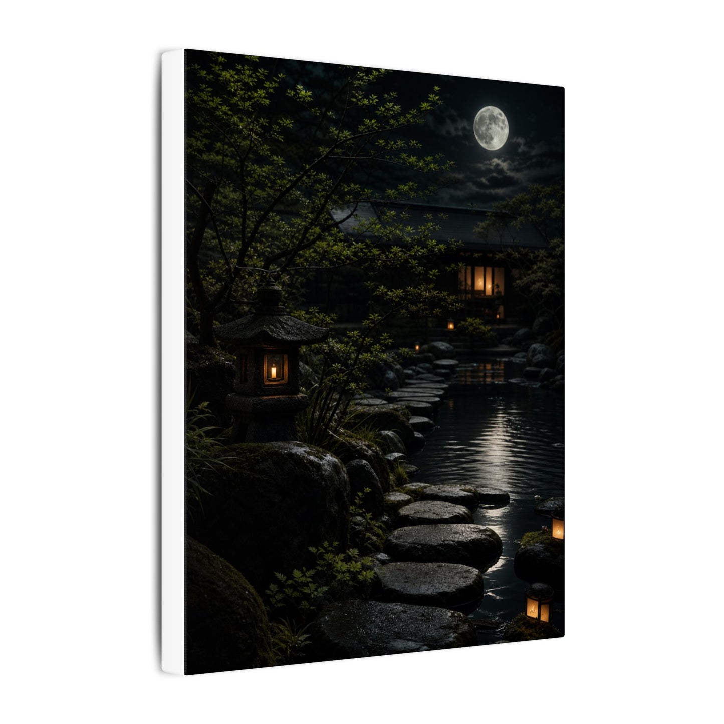 Moonlit Garden Shadow Zen Canvas Art | Sophisticated Dark Japandi Art