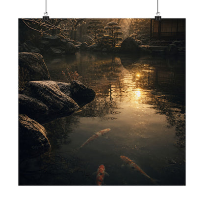 Dark Japandi Koi Pond in Golden Hour | Shadow Zen Wall Art Print