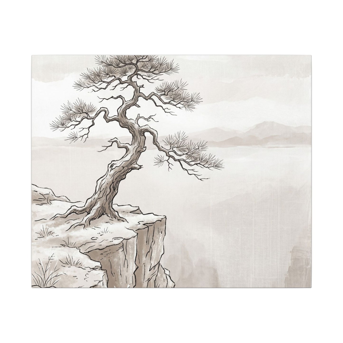 Neutral Pine Tree Canvas Art - Minimal Line Japandi