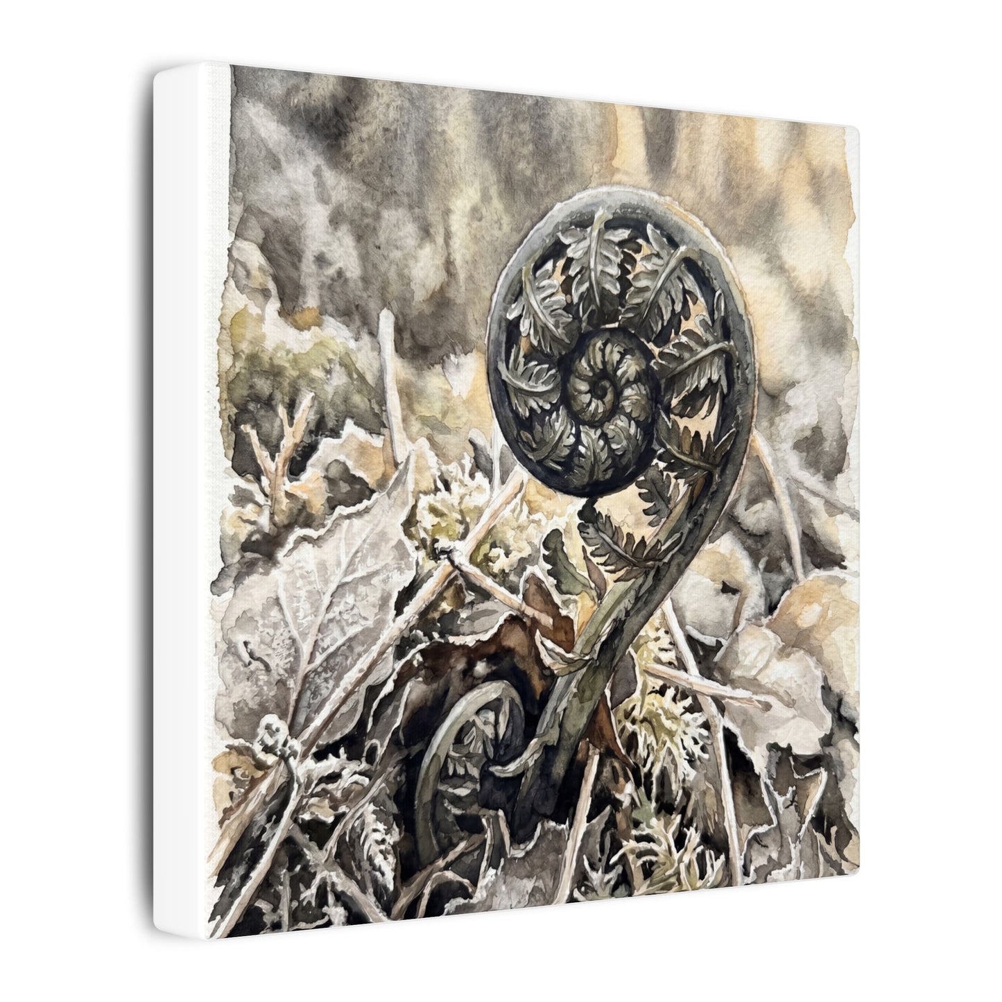 Japandi Fern Unfurling in Golden Hour | Watercolor Canvas Art