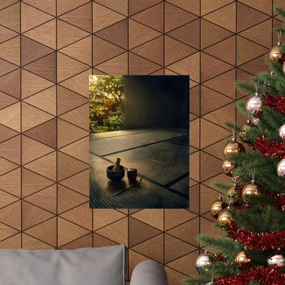 Dark Japandi Tea Ceremony in Golden Hour | Dark Texture Wall Art Print