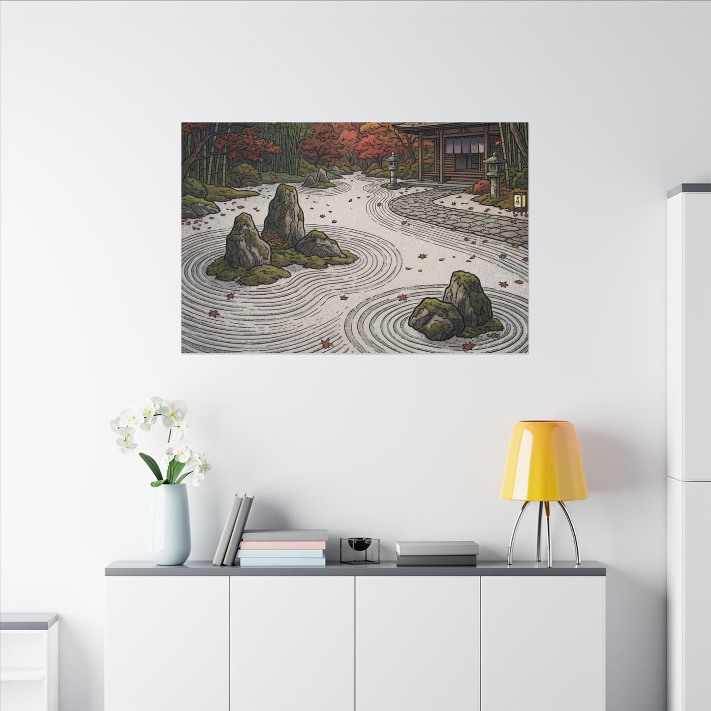 Autumn Rock Garden Ukiyo E Inspired Canvas Art | Peaceful Decor