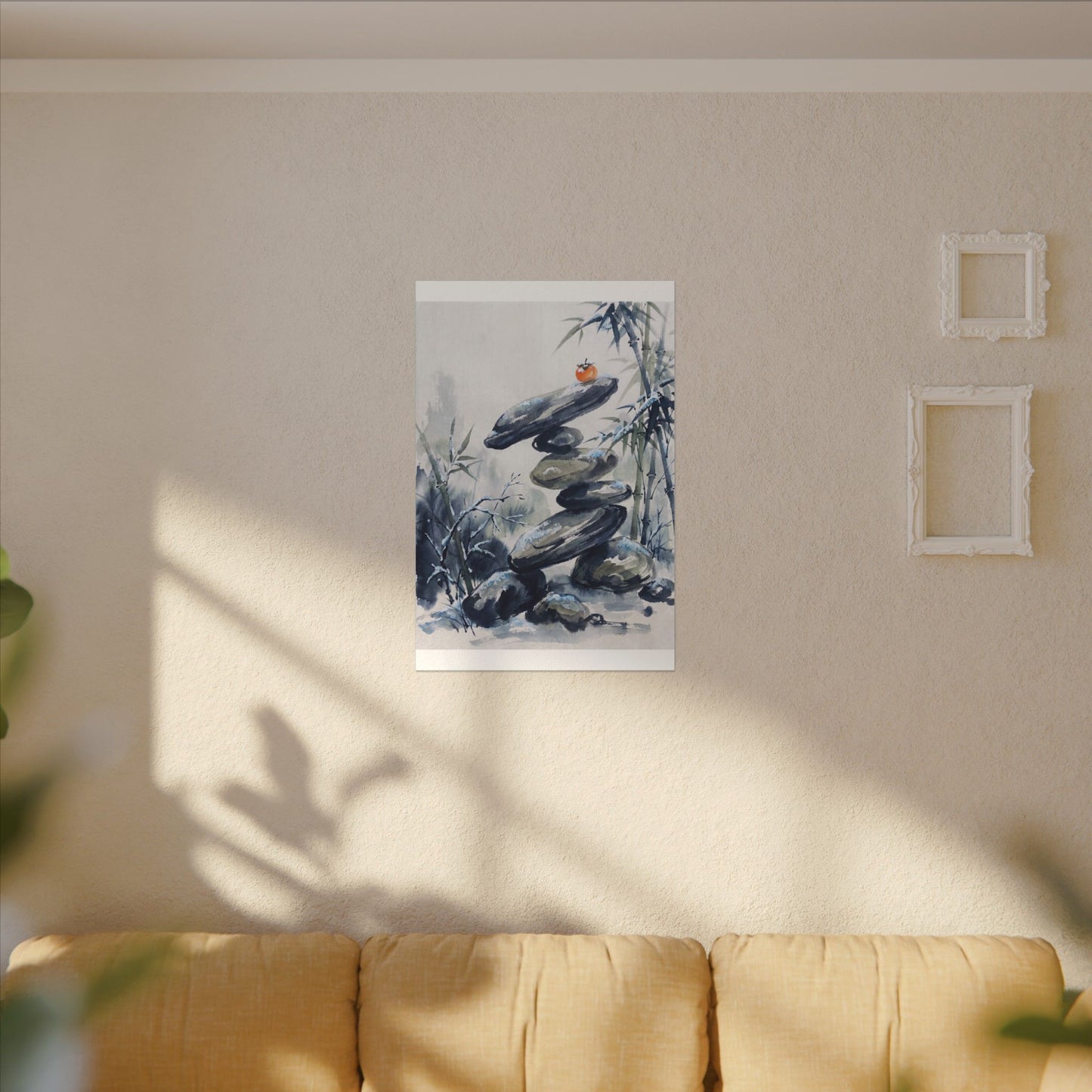 Zen River Stones in Moonlight | Sumi E Canvas Art