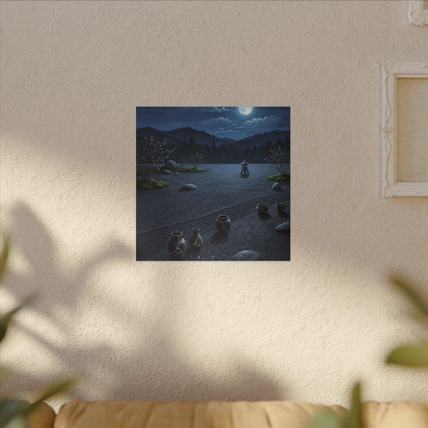 Kintsugi Moonlit Garden in Moonlight | Gold Repair Canvas Art
