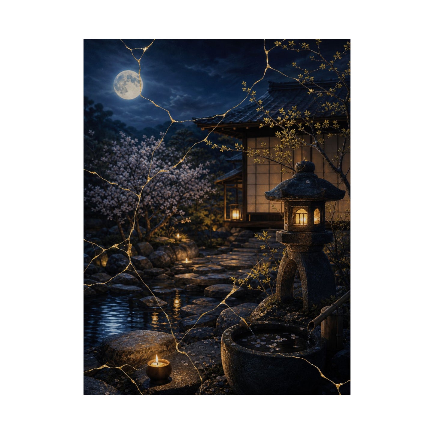 Spring Moonlit Garden Gold Vein Wall Art Print | Resilient Decor