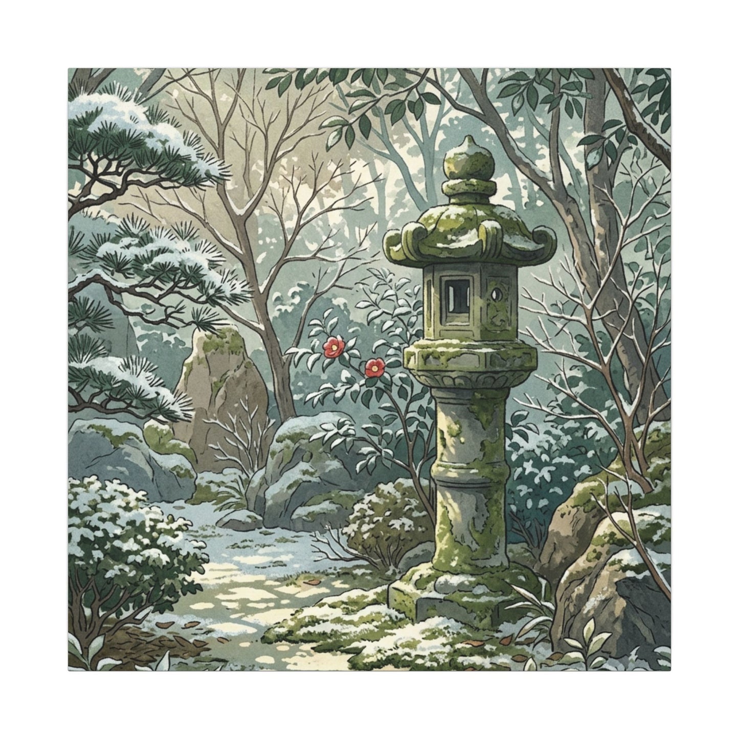 Stone Lantern Winter Canvas Art | Japandi Warm Design