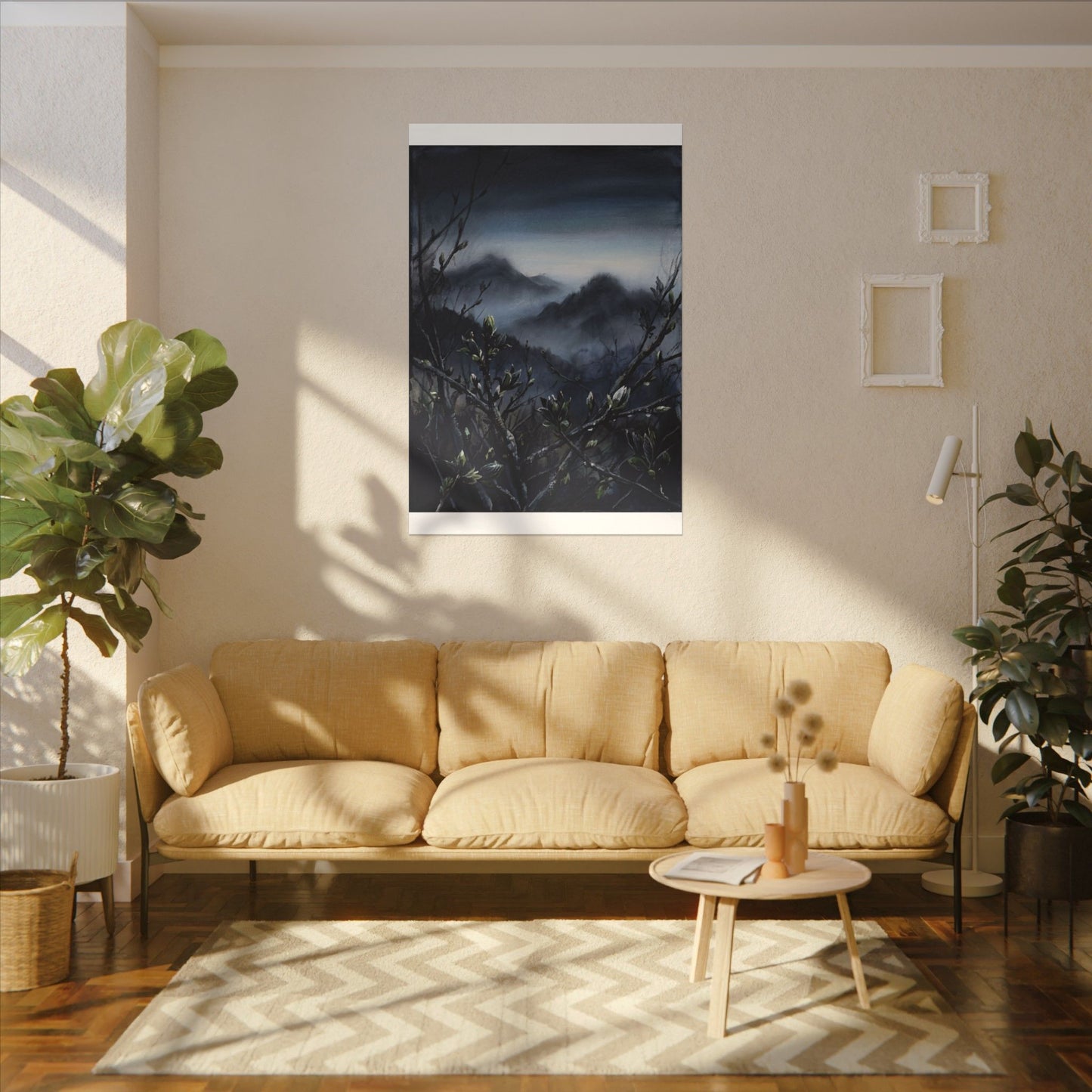Mountain Mist Spring Canvas Art | Dark Japandi Atmospheric Design
