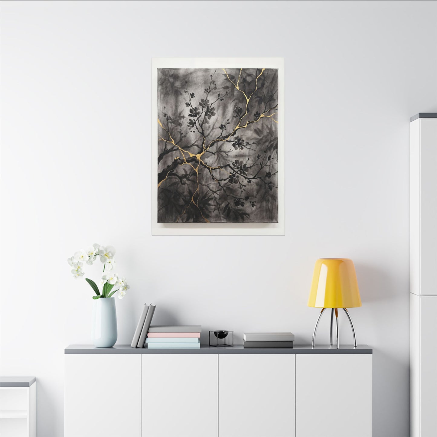 Kanso Cherry Blossom Canvas Art - Kintsugi Crackle Gold