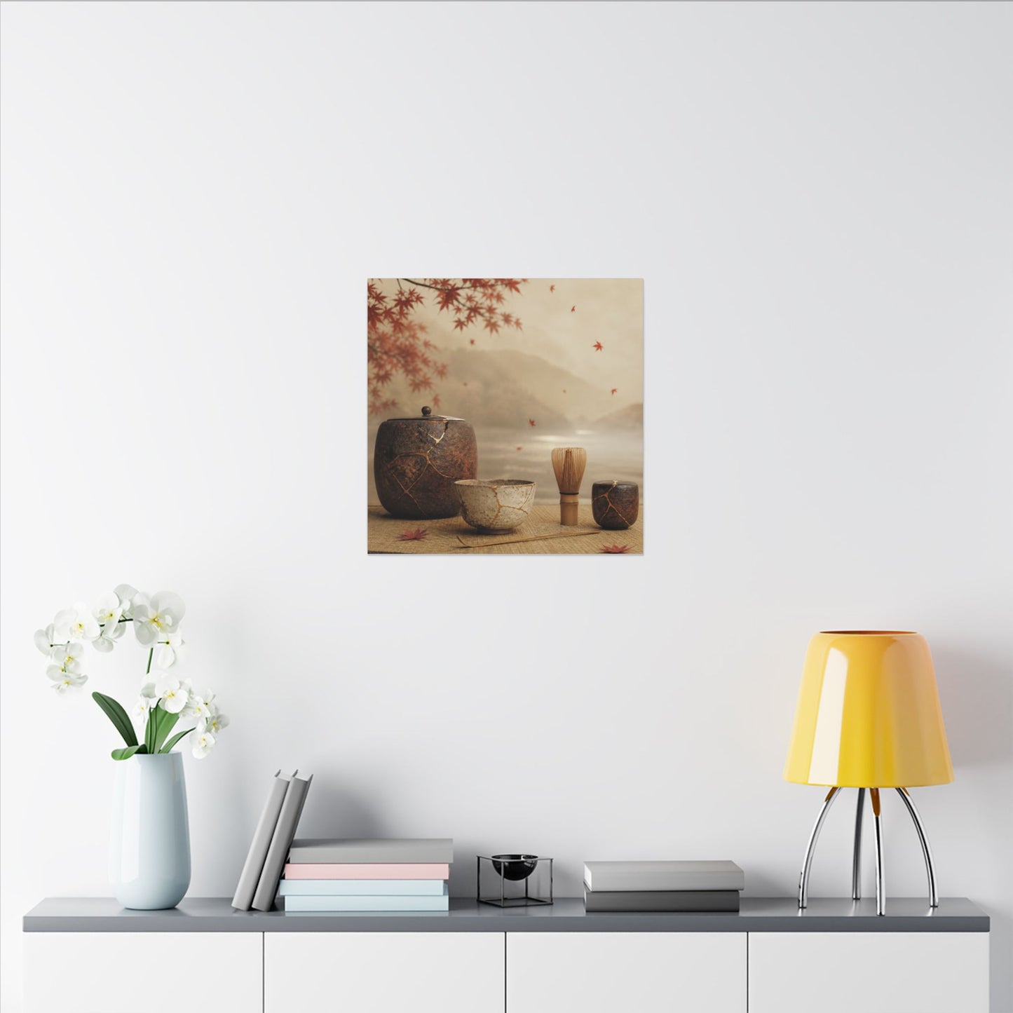 Tea Ceremony Canvas Art | Autumn Kintsugi Gold Vein Art