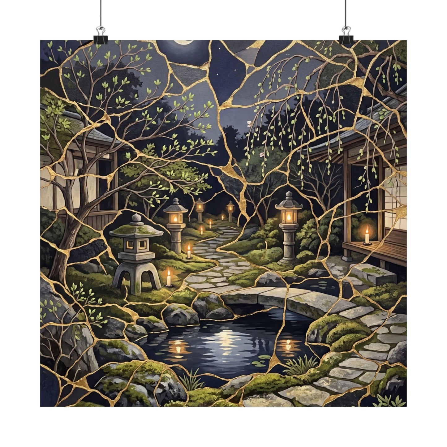 Spring Moonlit Garden Gold Vein Wall Art Print | Artful Decor