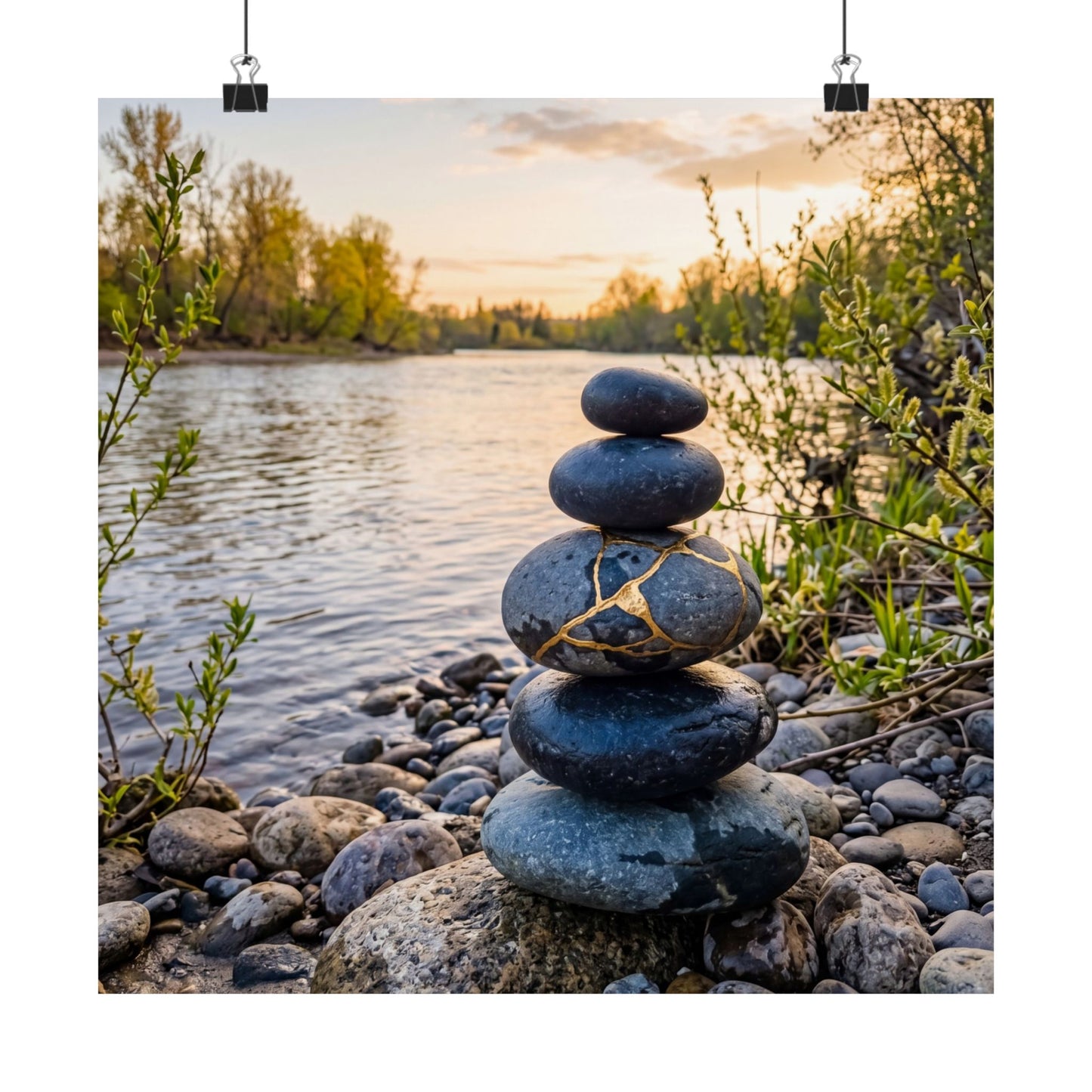 Beautiful River Stones Wall Art Print - Gold Vein Kintsugi