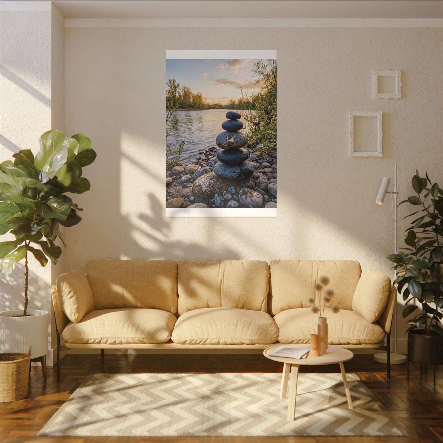 Kintsugi River Stones in Golden Hour | Gold Vein Canvas Art