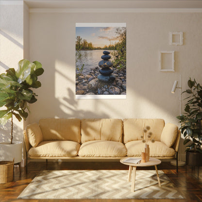 Kintsugi River Stones in Golden Hour | Gold Vein Canvas Art