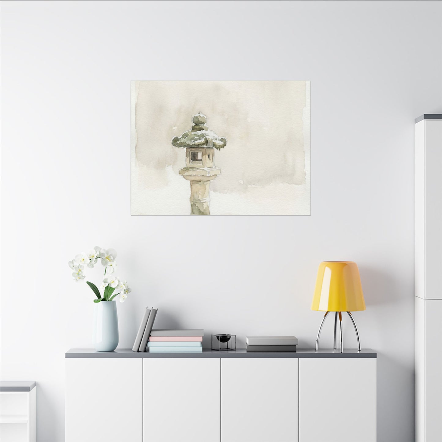 Stone Lantern Winter Canvas Art | Japandi Earthy Design