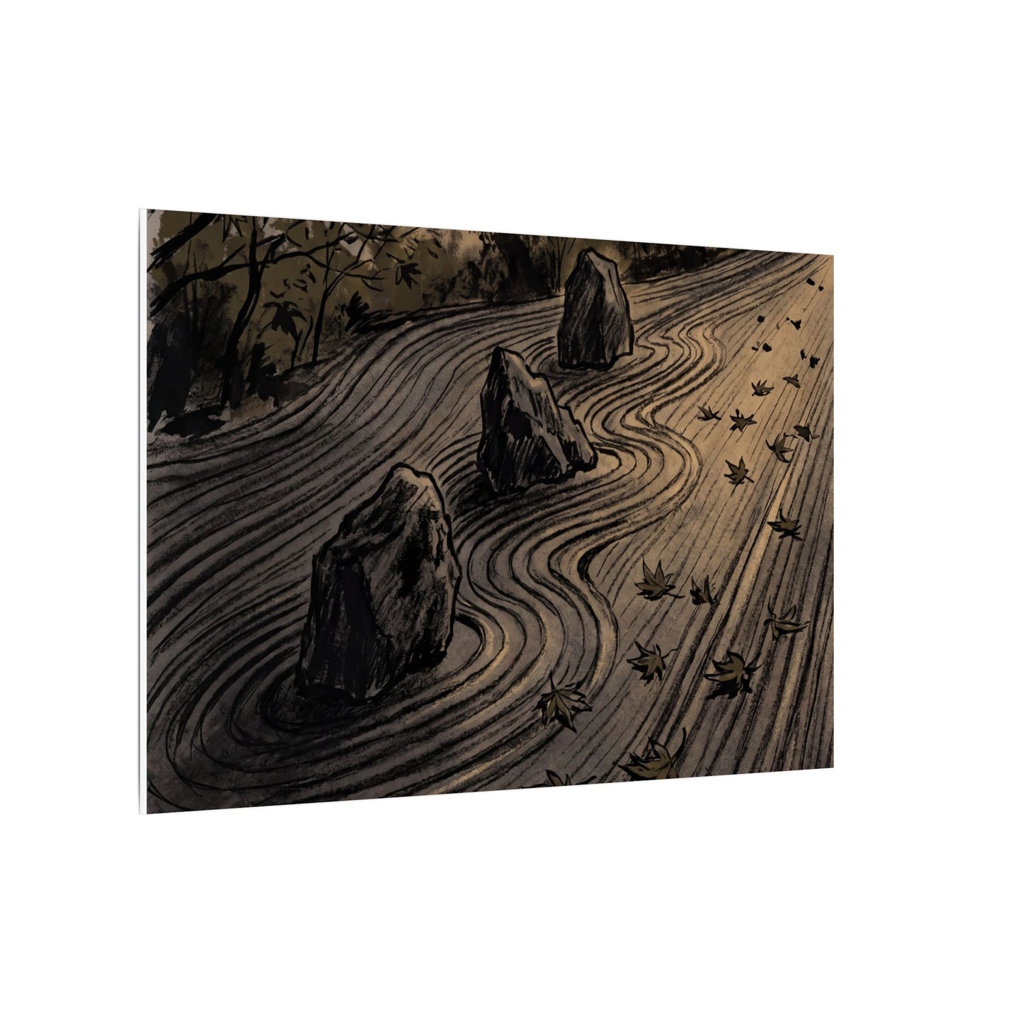 Rock Garden Canvas Art | Autumn Dark Japandi Charcoal Ink Art