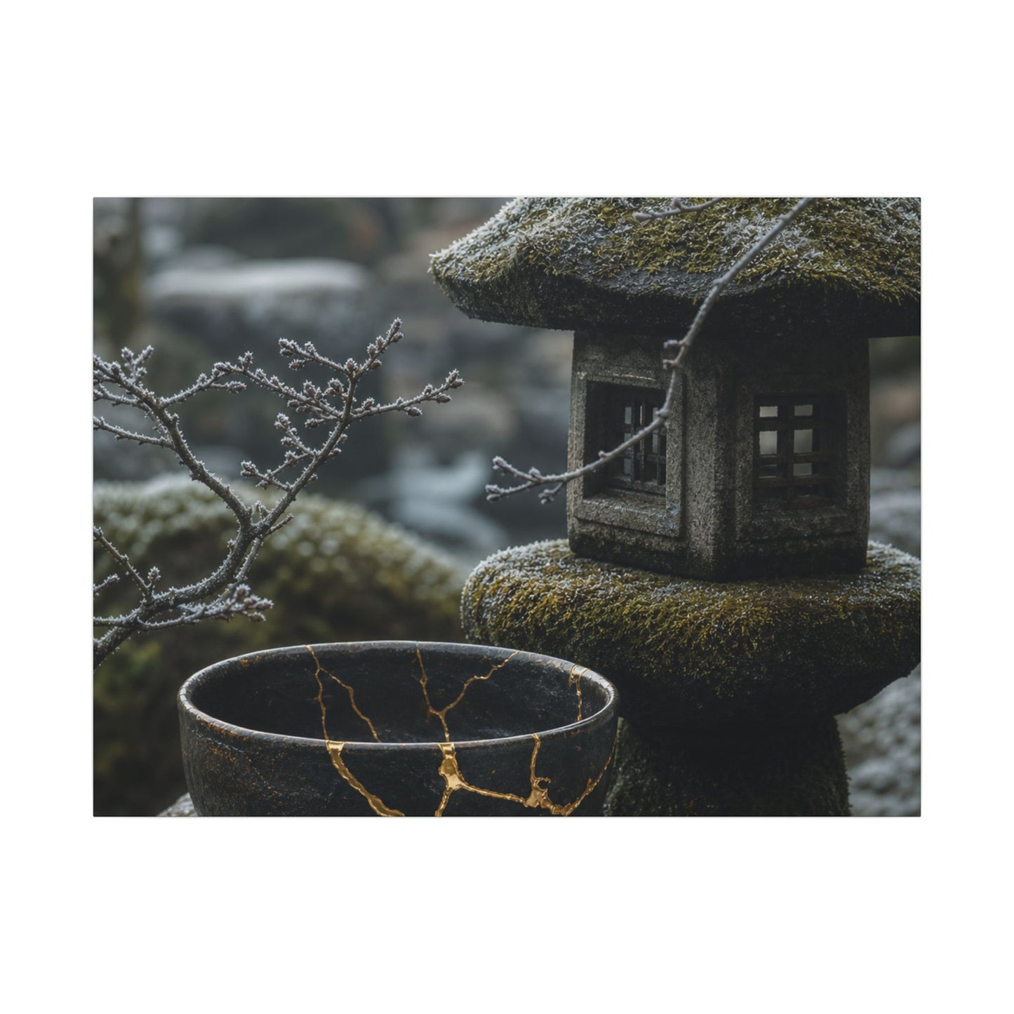 Stone Lantern Canvas Art | Winter Kintsugi Gold Repair Art