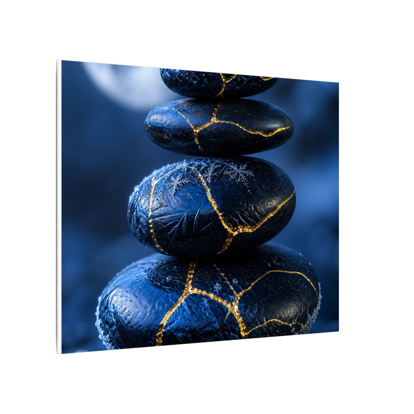 River Stones Canvas Art | Winter Kintsugi Gold Repair Art