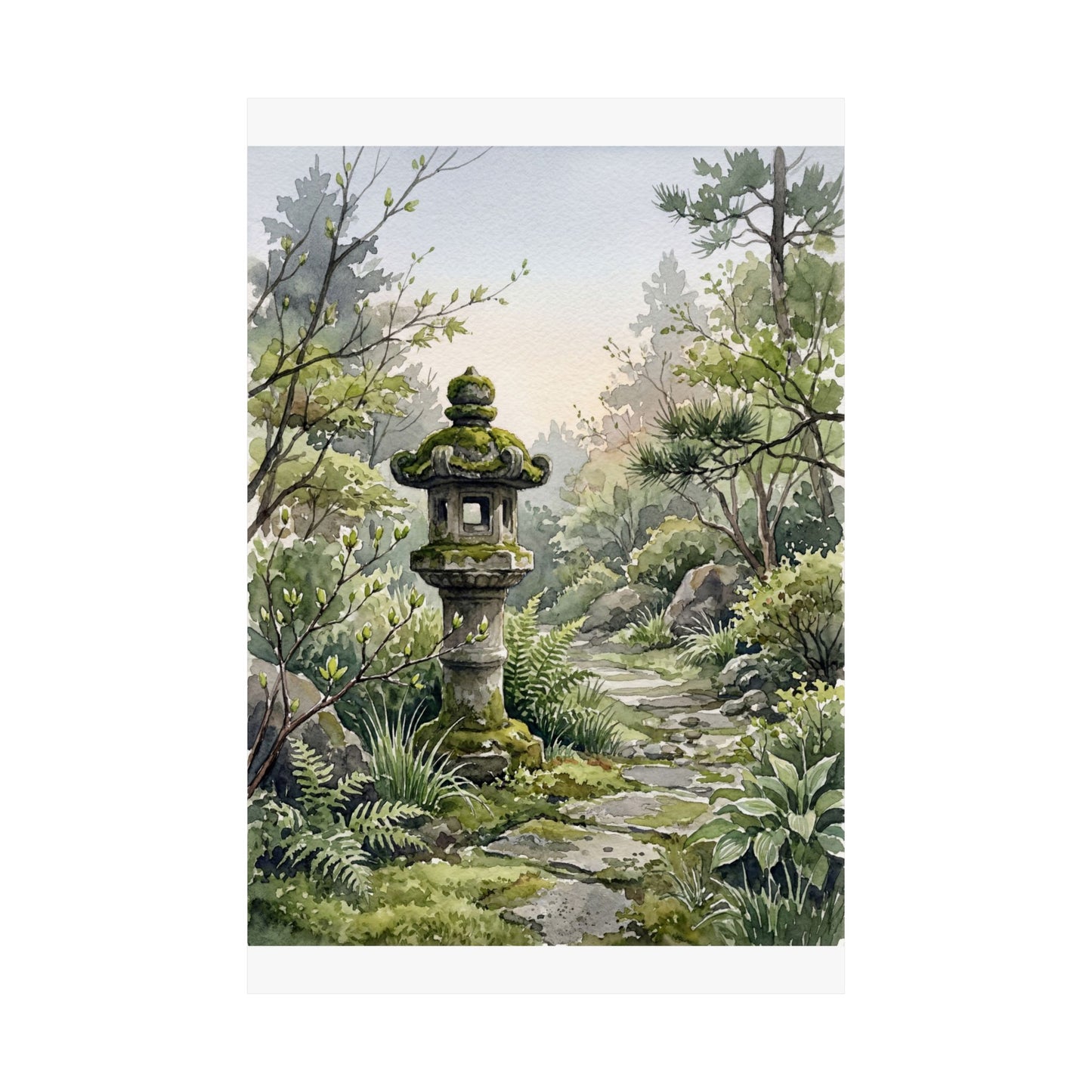 Japandi Stone Lantern in Dawn | Watercolor Wall Art Print