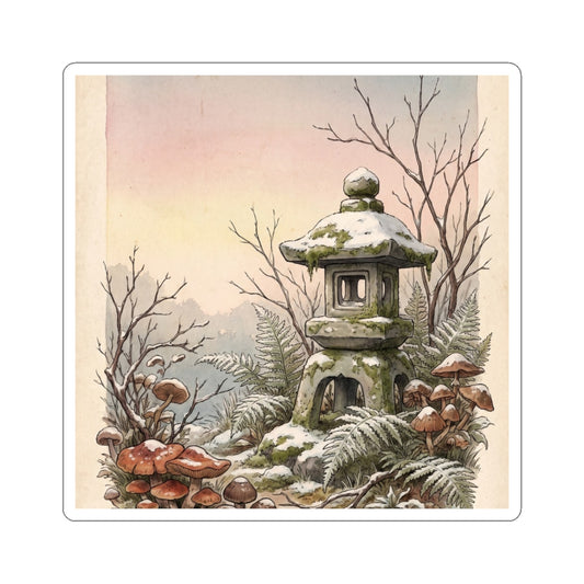 Cottagecore Stone Lantern in Dawn | Mushroom Illustration Sticker Art Print