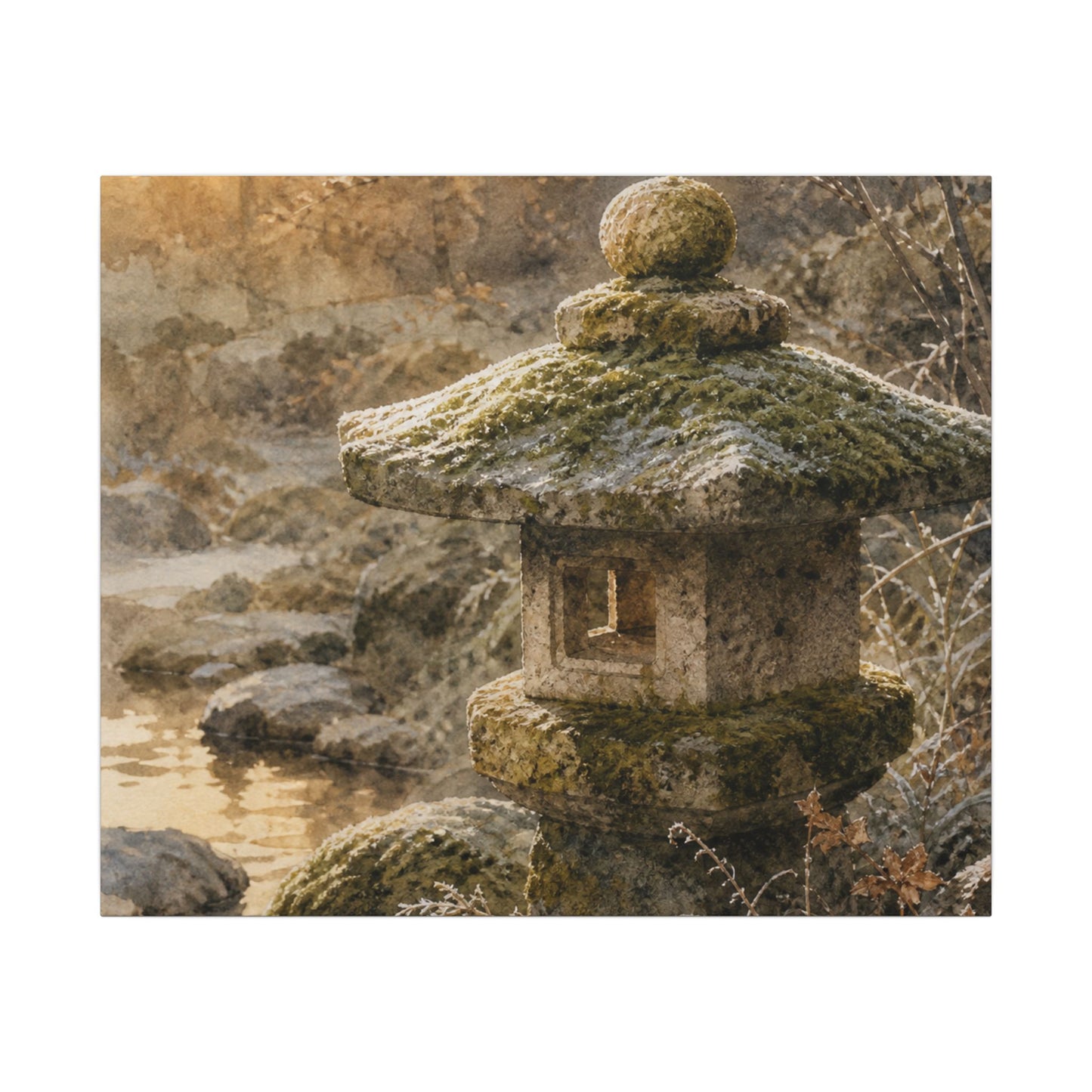 Winter Stone Lantern Watercolor Canvas Art | Earthy Decor