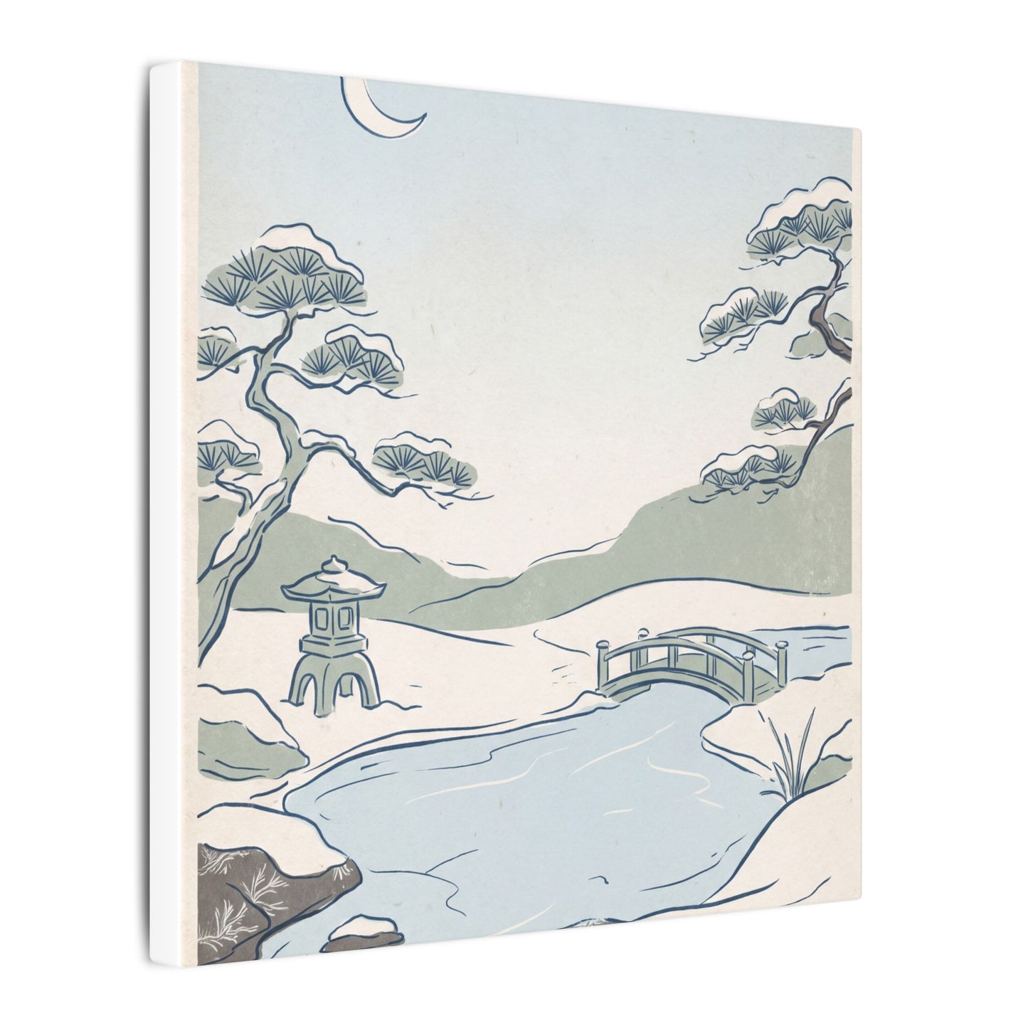Japandi Moonlit Garden in Moonlight | Minimal Line Canvas Art