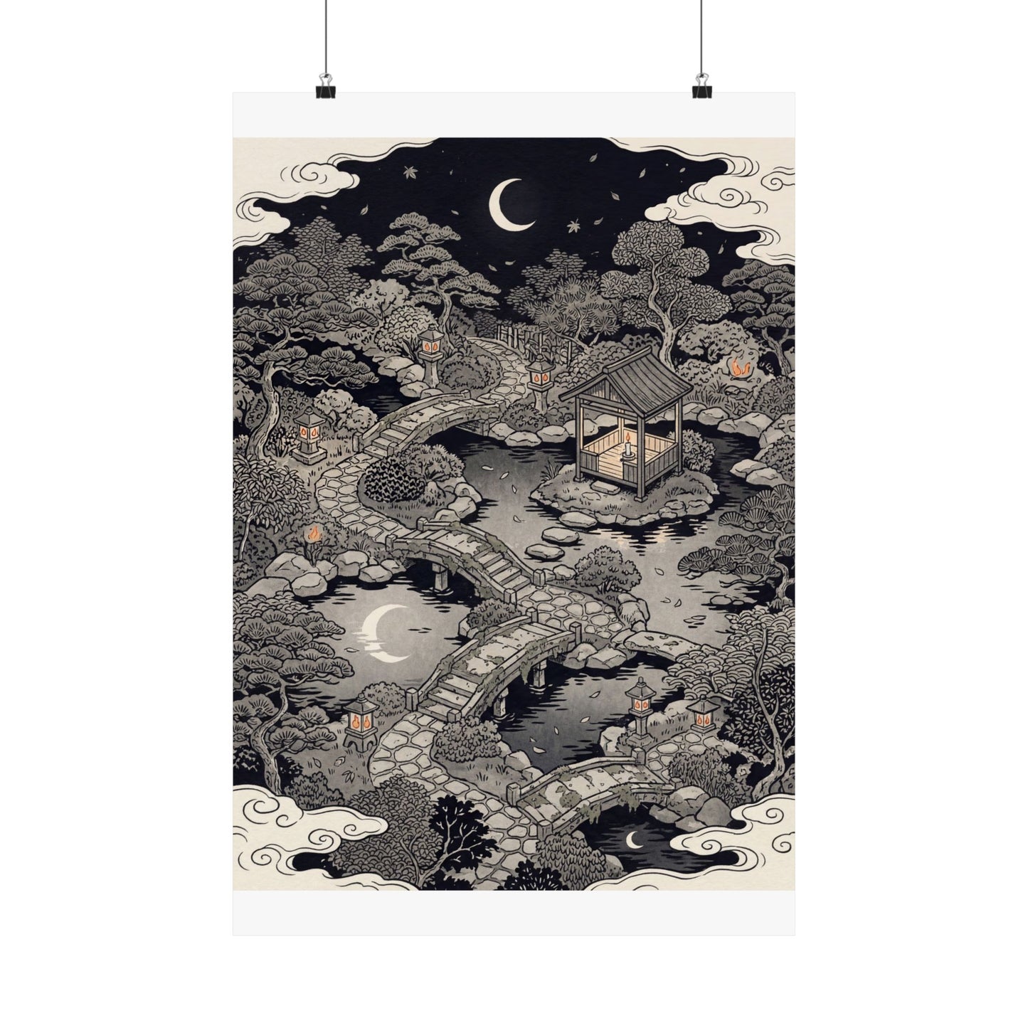 Summer Moonlit Garden Ukiyo E Inspired Wall Art Print | Serene Decor Art Print