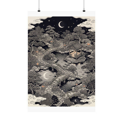 Summer Moonlit Garden Ukiyo E Inspired Wall Art Print | Serene Decor Art Print